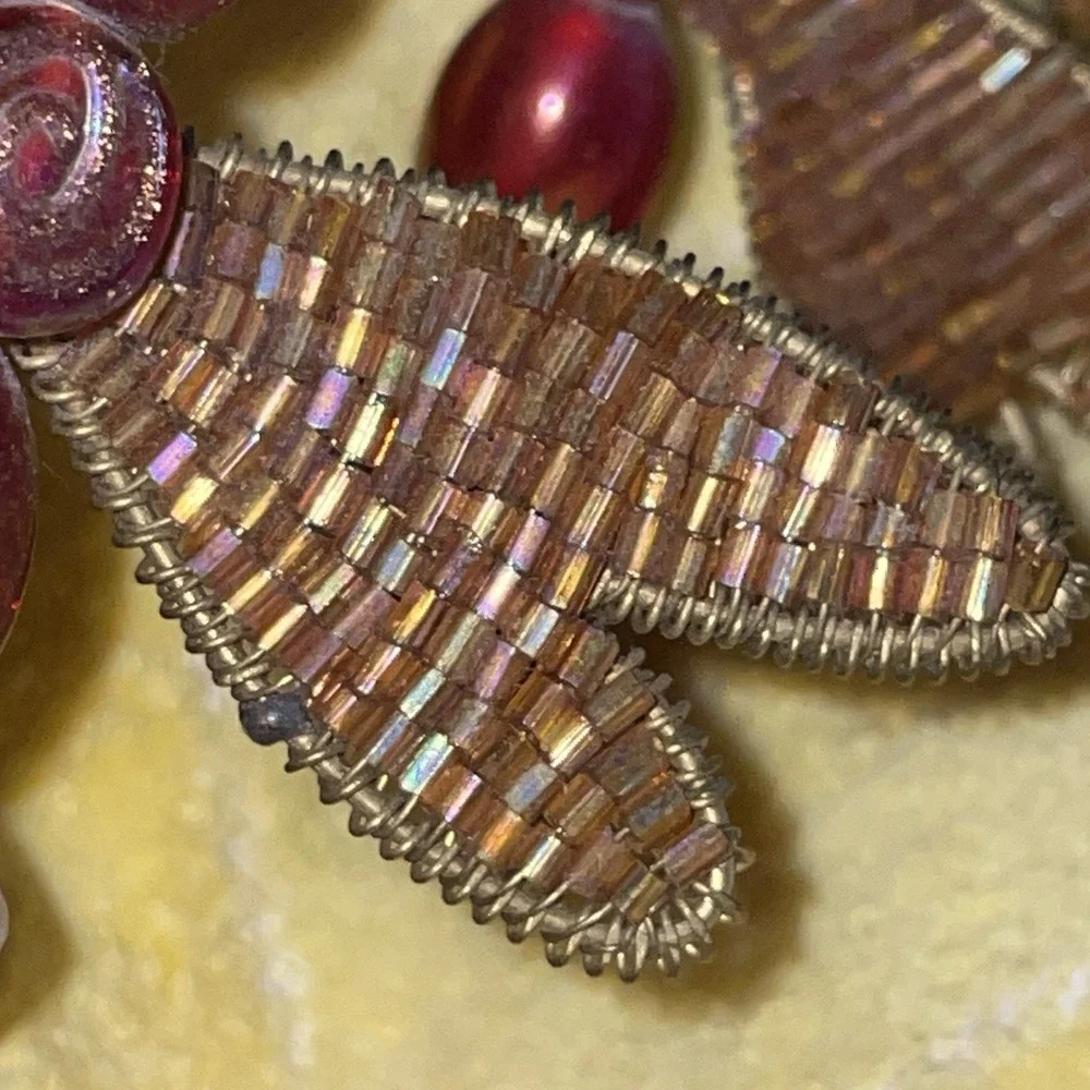 3 Pier One Beaded Dragonfly Napkin Rings ‎ Gold Wire Wings & Red Glass Beads